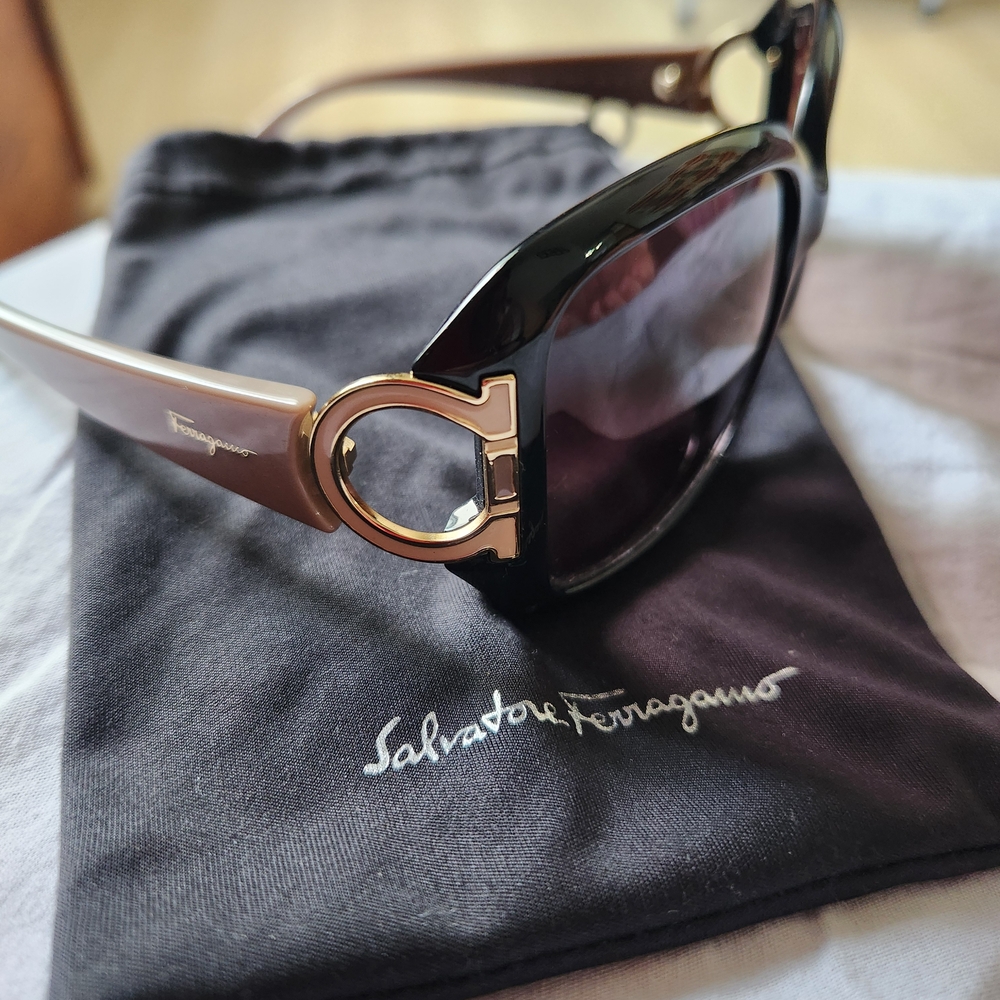 Salvatore Ferragamo Black and Gold Aviator Sunglasses